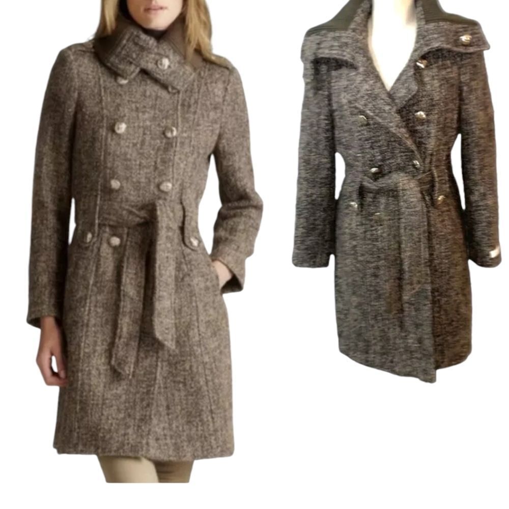 CK spring fall military belted  thick wool coat size 6 marled taupe